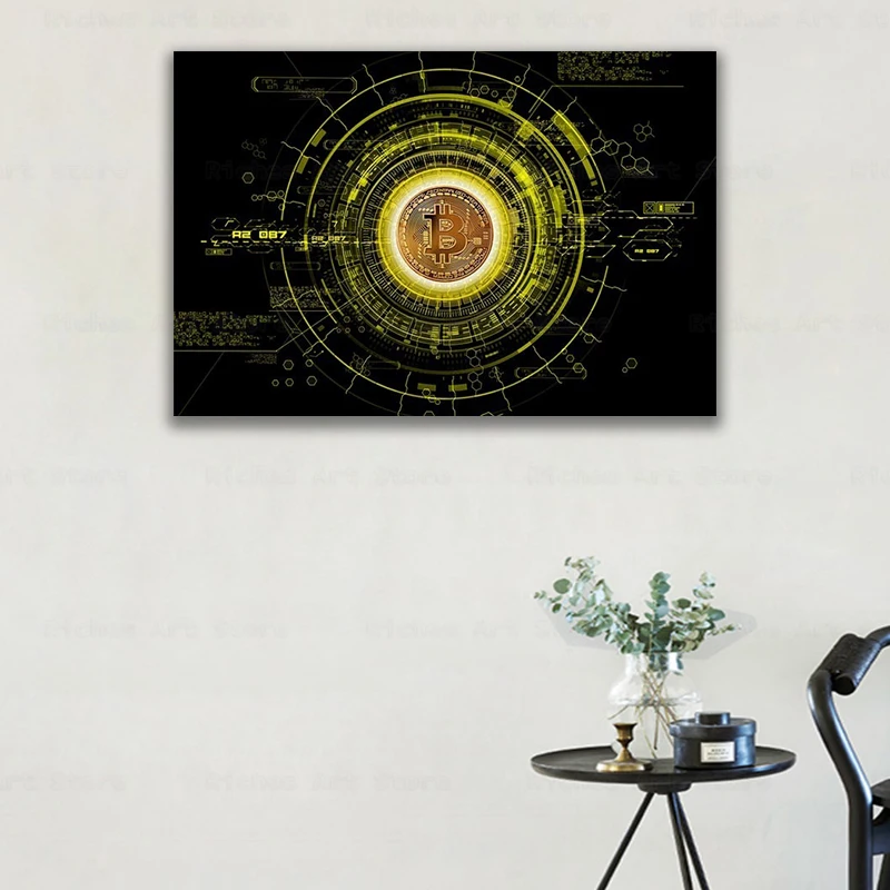 

Bitcoin Modern Abstract Money Canvas Painting Fintech Poster Print Wall Art Virtual Currency Pictures for Living Room Home Decor