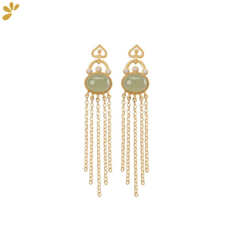 

Vintage Trendy 925 Sterling Silver Gold Plated Oval Jasper Tassels Stud Earrings Hetian Jade Gemstone Earring Fine Jewelry Women