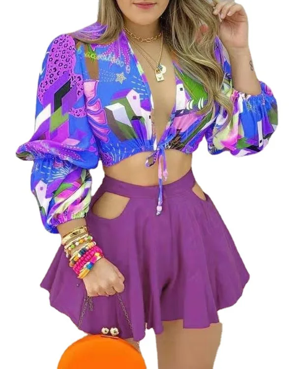 

Women Fashion Sweet Two Piece Suit Print Short Shirt Tops Mini Skirt V Neck Lacing Streetwear Style Sexy Harajuku Fashion Style