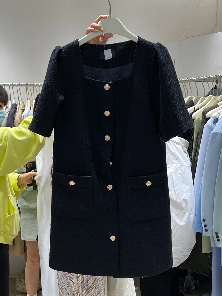 

2021 Summer Tweed Woolen Dress Women Korean Temperament Single Breasted Short Sleeve Vintage Short Dress Robe Femme vestidos
