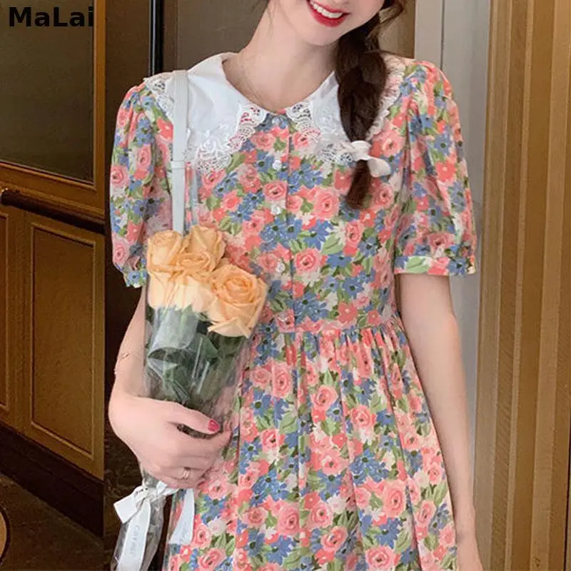 

Vintage Sweet Floral Dress Female Evening Party Kawaii Women 2021 Summer One Piece Dress Korean Short Sleeve Elegant Midi Dress
