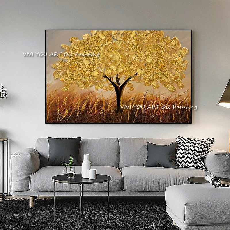 

Abstract Thick Art 100% Handmade 3D Gold Tree Oil Painting Canvas Wall Pictures Art Wall Artwork For Dining Room Decoration