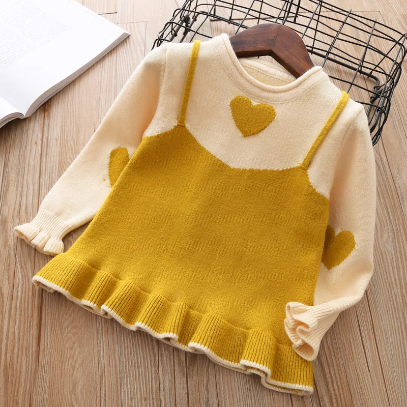 Baby Girls Sweater 2019 New Spring and Autumn Love Fake Two-piece Children's Kids Toddler Clothes | Детская одежда и обувь