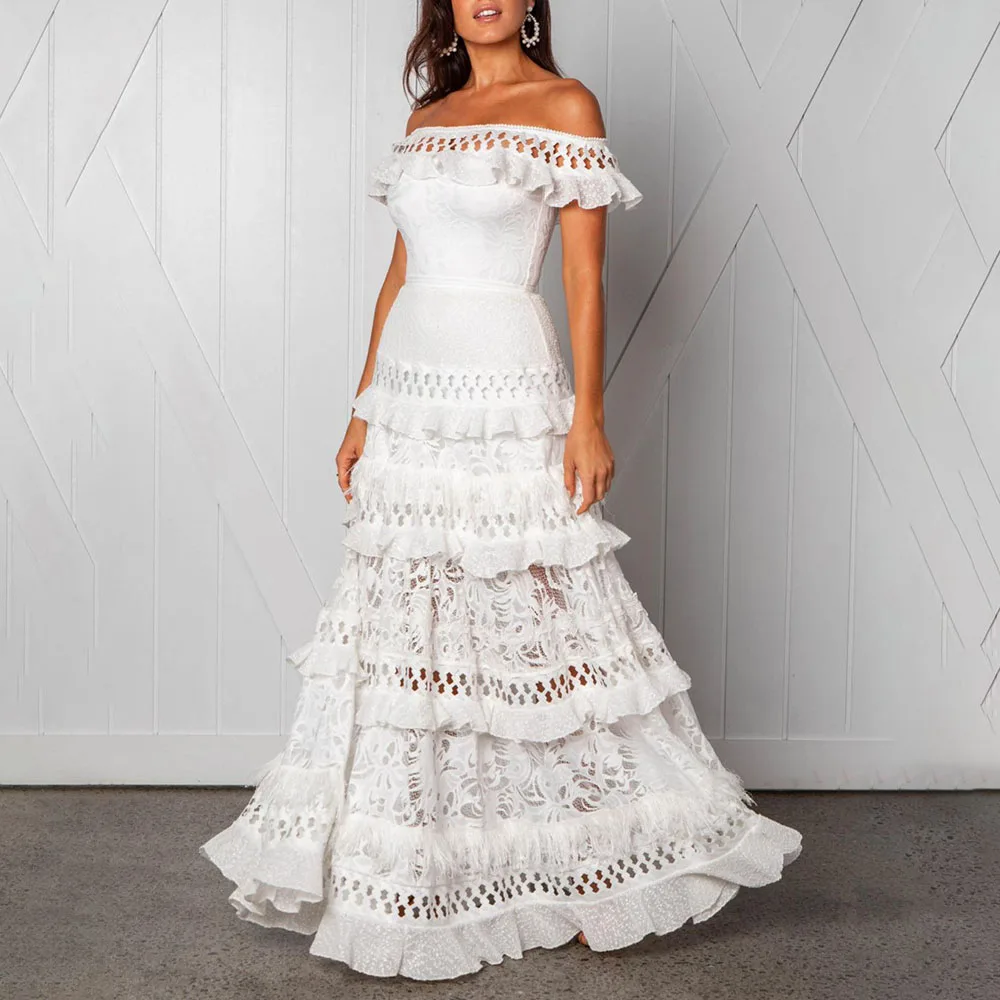 

Платье женское вечернее длинное с открытыми плечами, элегантный ажурный пляжный сарафан с многослойными оборками, с кружевом, праздничный ...