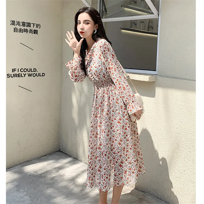 

HziriP Chiffon Fashion Elegant Chic 2019 Waist-Controlled New All-Match Gentle Print Floral Girls Plus Size Women Loose Dresses