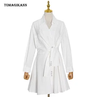 white shirt womens dress v neck long sleeve lace up mini dresses female solid ol 2021 autumn casual fashion