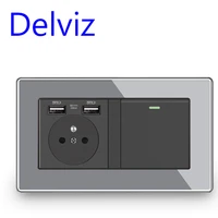 delviz switch control power outlet with 2a usb ports double frame acrylic panel ac 110250v french standard wall usb socket