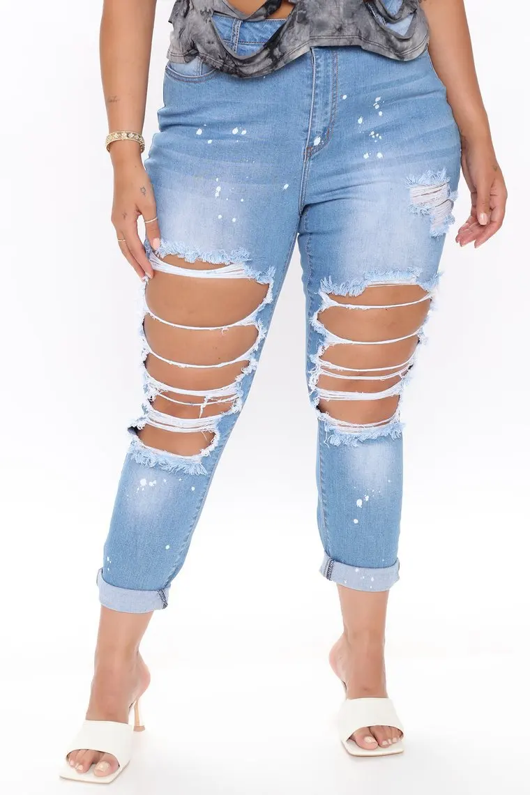 

Women streetwear high waist ripped jeans pants straight-leg pants custom logo print on product and package from 1pc dropship