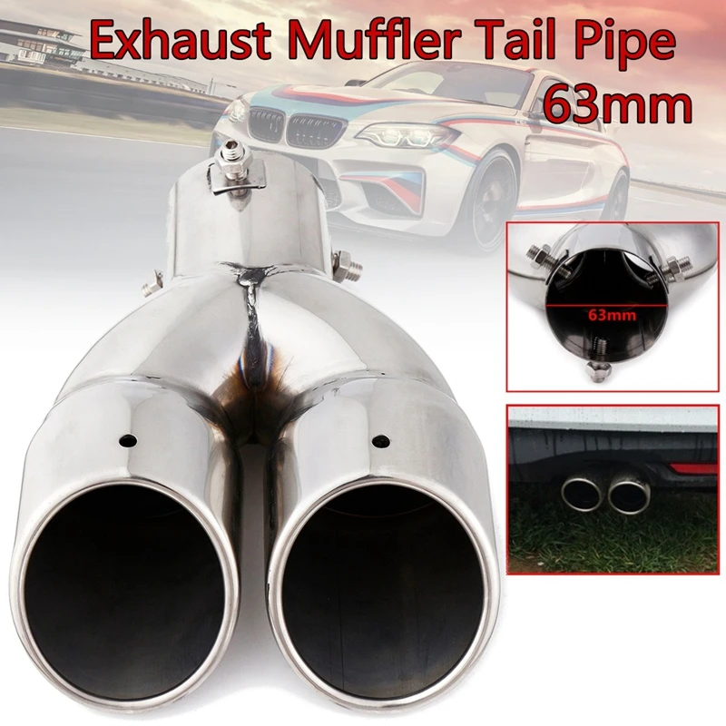 

63mm Double Outlet Stainless Steel Chrome Car Muffler Exhaust Pipe Tip End Trim Modified Tail Throat Car Liner Pipe Silver Tools