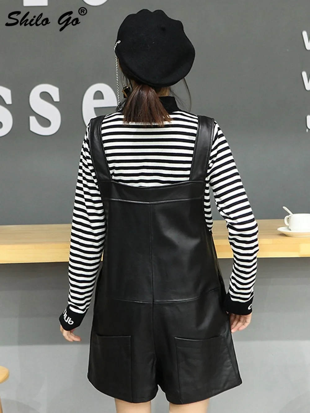 

Casual Jumpsuits Womens Winter High Waist Strap High Waist Genuine Leather Wide Leg Playsuits Solid Black Sheepskin Bodysuits