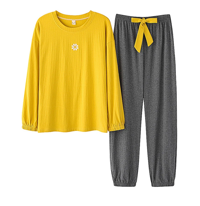 

Daisy Embroidered Women 2PCS Cotton Pajama Set Long Sleeve O-Neck Top Pants Loose Cute Girls Cartoon Pajamas Fall Winter