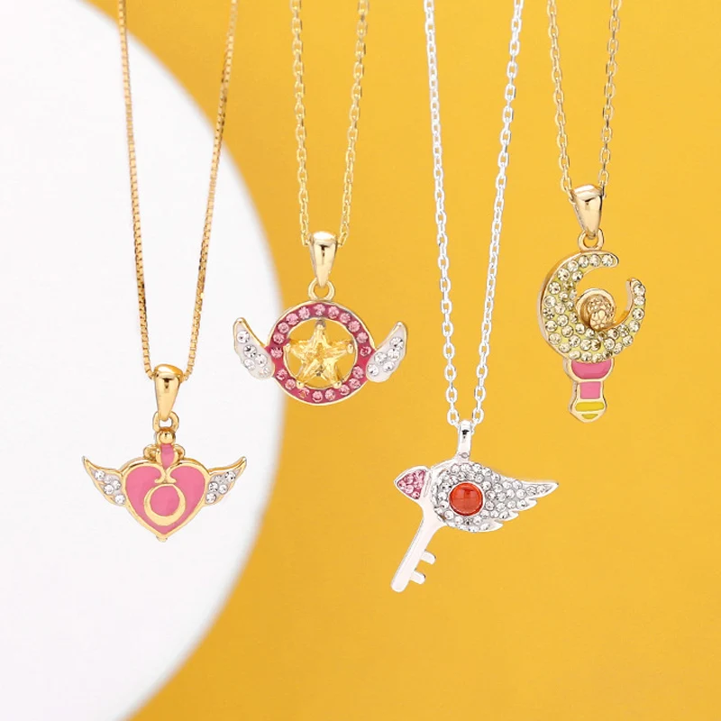 

Anime Sailor Moon 925 Sterling Silver Pendant Necklace Cardcaptor Sakura Moon Stick Heart Jewelry Cosplay Props Women Girl Gifts