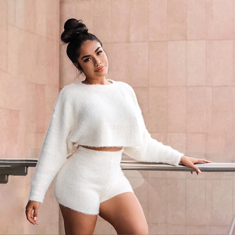 Женский мягкий пушистый комплект из 2 предметов укороченный топ с круглым