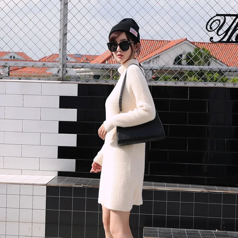 HLBCBG Women Long Sleeve Sweater Dress Thick Warm Autumn Winter Chic Turtleneck Short Mini Knitted Pullover Dresses | Женская одежда