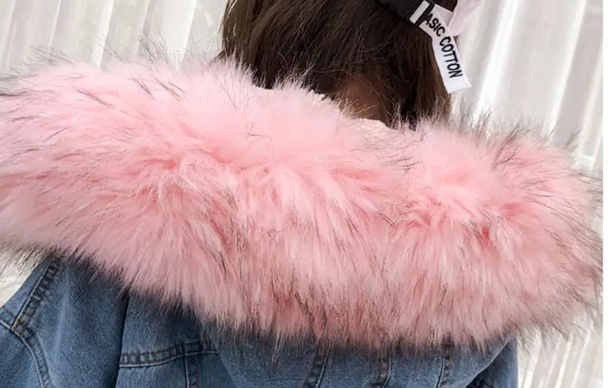 

Winter Fur Denim Jacket Women Fashion Faux Rabbit Fur Blue Jeans Jacket Coat with Warm Lining Female Fur Collar Oversize Outwear