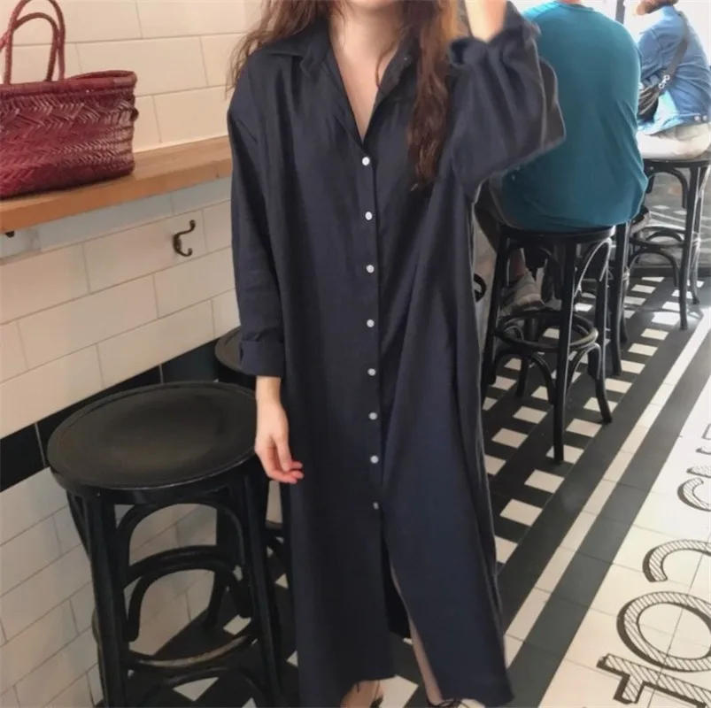 

2021 Elegant Autumn Long Maxi Dresses Women Button Down Shirt Dress Split Vestido Robe Vintage Long Sleeve Cotton Dress Oversize