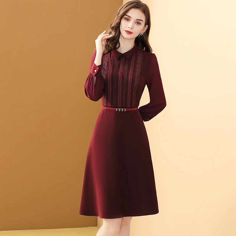 Женское вечерние жевное платье с поясом воротником-поло на осень/зиму | Женская