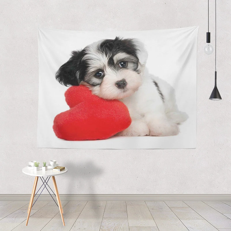 Cute And Interesting Tapestry White Dog Leaves Heart Animal Wall Hanging Home Dormitory Decoration 130*150Cm Polyester Yoga Mat | Дом и сад