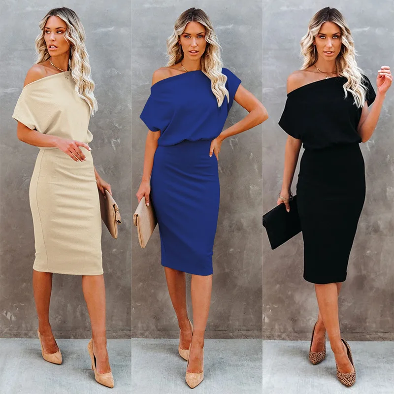

2021 Summer Slim Dress Office Ladies Casual Short Sleeved Black Blue Vestidos Fashion Elegant Sexy Party Dress Bag Hip