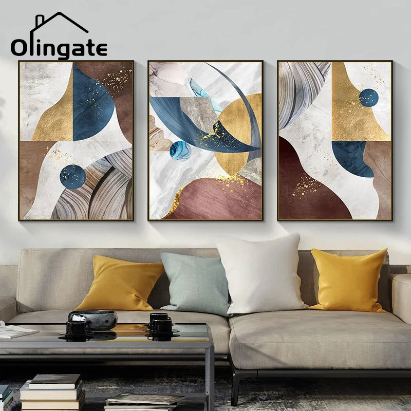 

Nordic Simple Artwork Wall Art Picture Modern Abstract Blue Gold White Canvas Poster One Piece Canvas Painting Home Room Decor