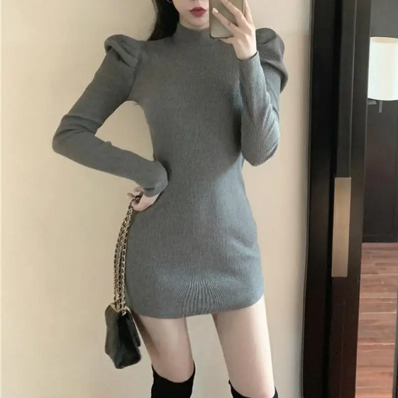 Fashion Puff Sleeve Knitting Exclusive Jumper Dress Women Autumn Turtleneck Mini Vintage Sexy Bodycon club Party | Женская одежда