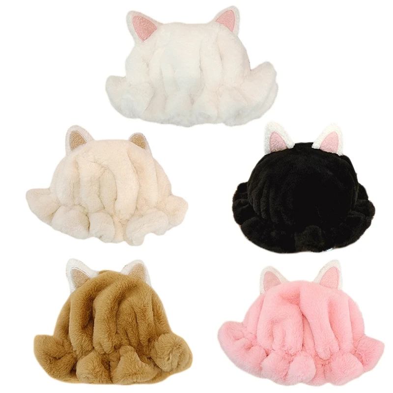 

Korean Version Casual Cute Cat Ear Bucket Plush Fisherman Basin Hat Brim Outdoor Trend Girlfriend Fall Winter G5AE