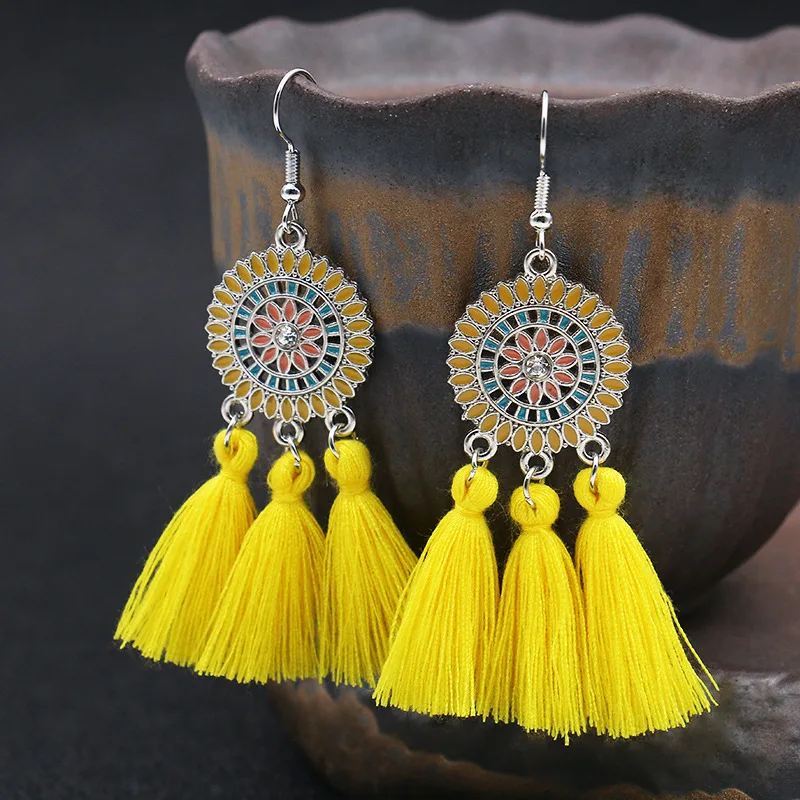 

Bohemian Tassel Vintage Long Drop Earrings for Women Yellow Red Cotton Silk Fabric Fringe Earrings 2020 Fashion Woman Jewelry