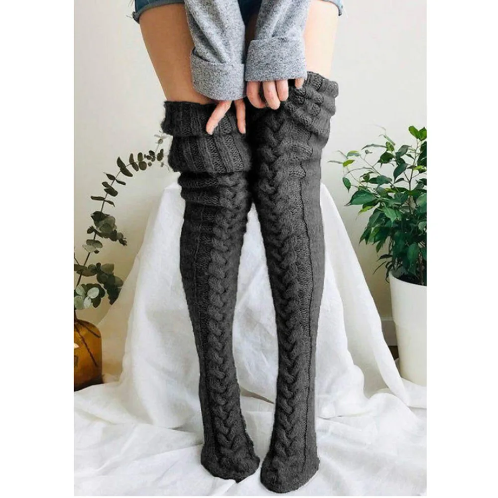 Foot Warmer Stockings European and American Autumn and Winter Solid Color Over-the-knee Socks Stockings Thick Female Socks