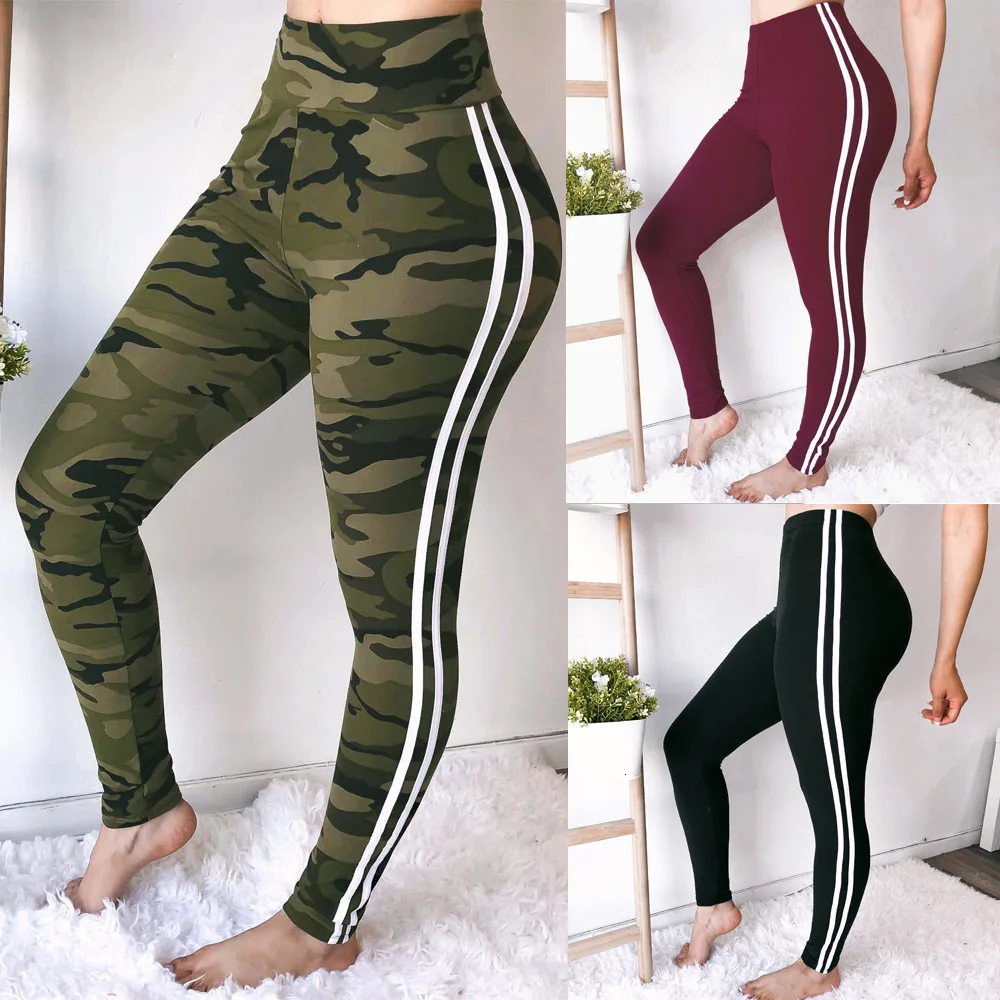 Oufisun Women Sports Pants Fashion Side Stripe Weatpants Slim Workout Black Wine Red Camouflage Tummy Control Capris |