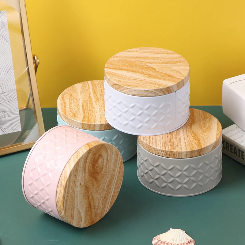 

Hot selling round covered wood grain empty iron box candy storage box DIY candle making can