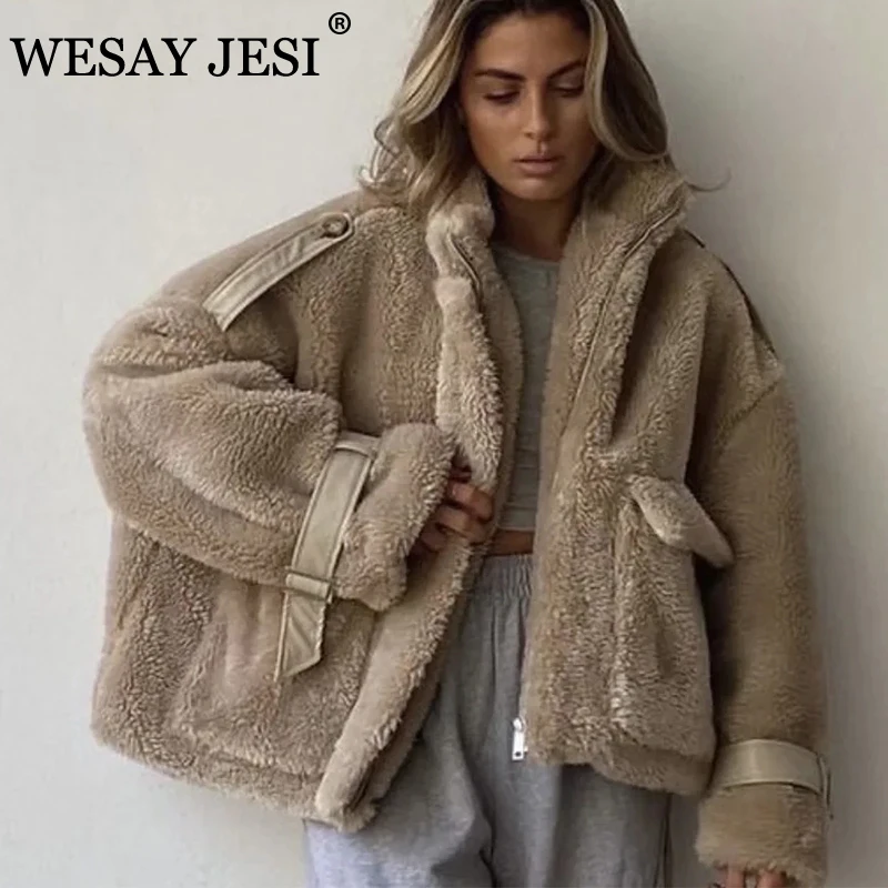 

Женская зимняя куртка WSAY JESI ZA, плотная теплая верхняя одежда из мягкого искусственного меха, модная женская одежда с воротником-стойкой и ка...