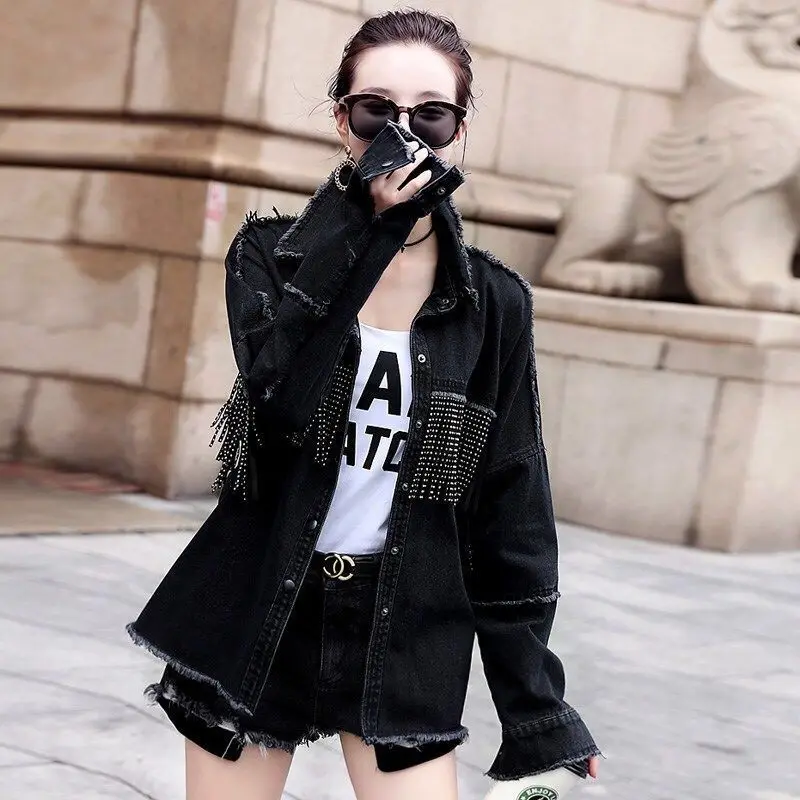 Женская джинсовая куртка с бахромой MAZEROUT черная Свободная на пуговицах уличный