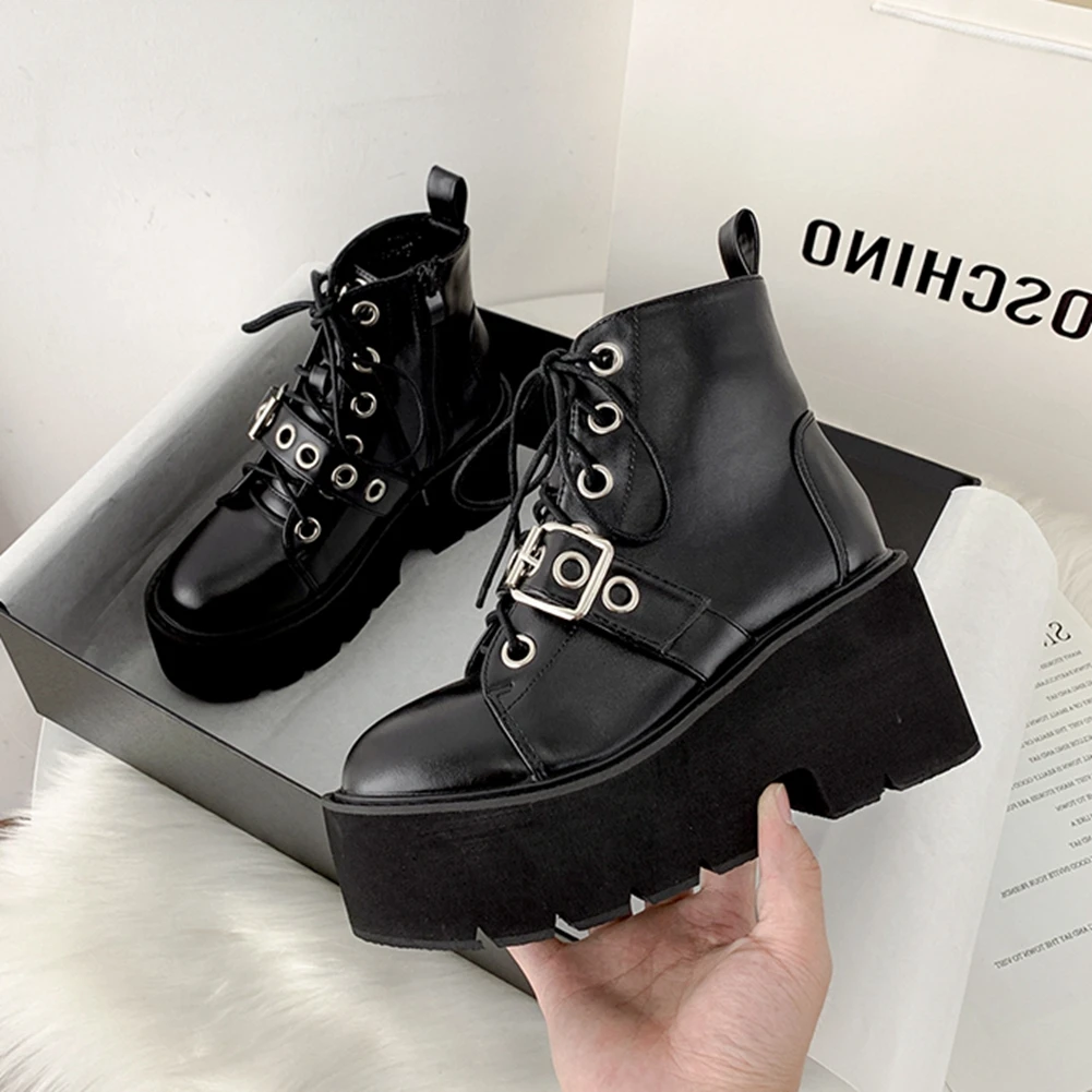 

RIBETRINI Brand New Arrival Women Shoes Women Solid Lace Up Zipper Ankle Boots Thick Bottom Fashion Design Cool Boots Women