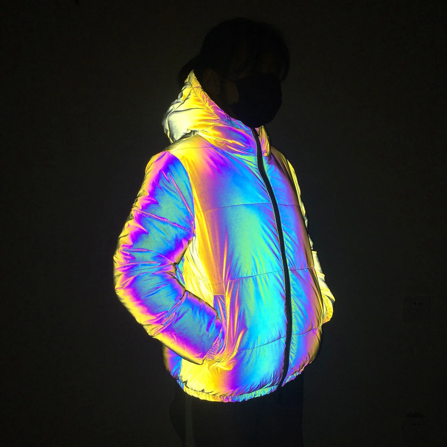 

Rainbow reflective women's large hooded cotton laser radiant bread clothes hat inverno feminino