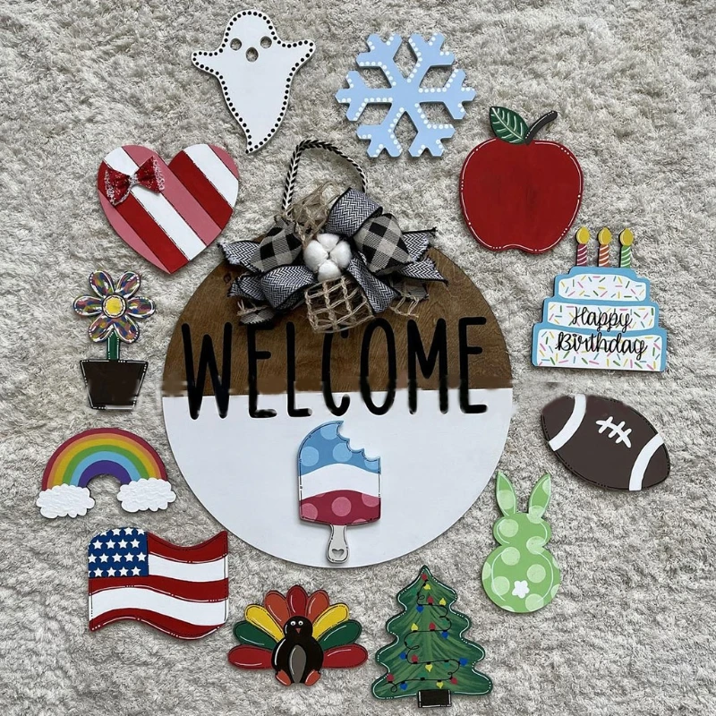 

Flower Bows Cartoon Front Door Hanger Decor Round Door Wreath Entryway Wall