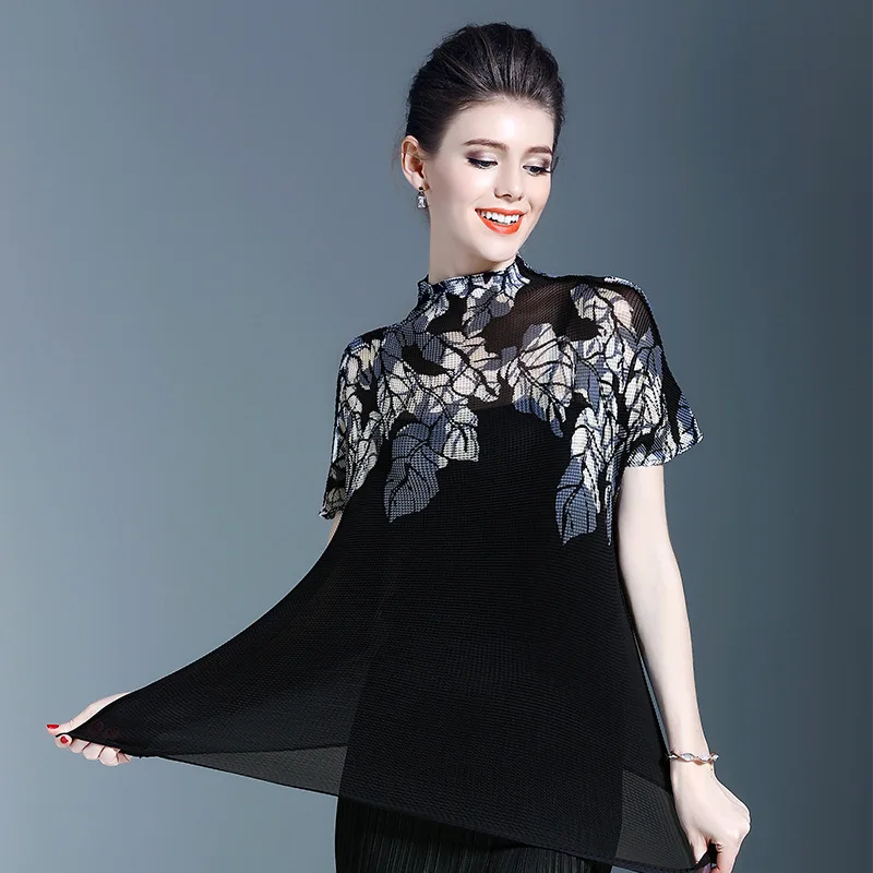 LANMREM Printed Leaves High Collar Short-sleeved Slim Bottoming T-shirt Simple Casual Fashion Plus Woman 2020 autumn New TC1025 | Женская
