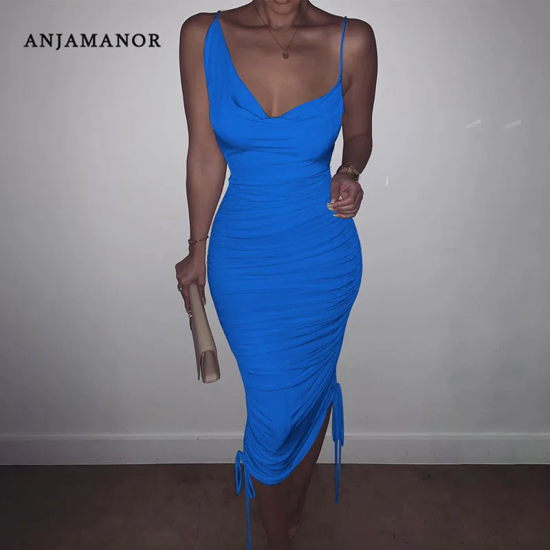

ANJAMANOR Sexy Elegant Dresses for Women Drawstring Adjustable Bandage Maxi Dress Vestidos 2020 Summer Party Club Wear D70-AD47