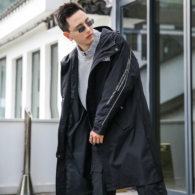 

Little Raindrop Trench Coat Men Goth Wind Long Letter Print Hooded Overcoat Hip Hop Streetwear Stylish Mens Trench Coats 4XL