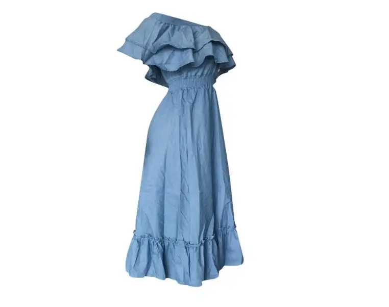 Женское платье из джинсовой ткани с открытыми плечами и воланом Новинка лета 2021