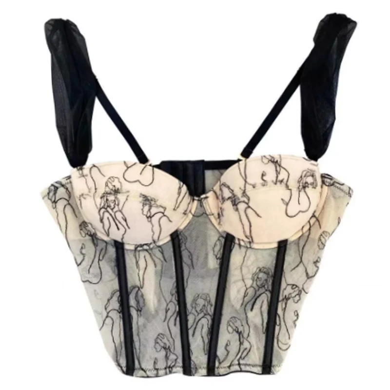 

Women Summer Spaghetti Strap Mesh Corset Crop Top French Style Vintage Embroidery Bustier Camisole Sexy V-Neck Boned Tank K5DA