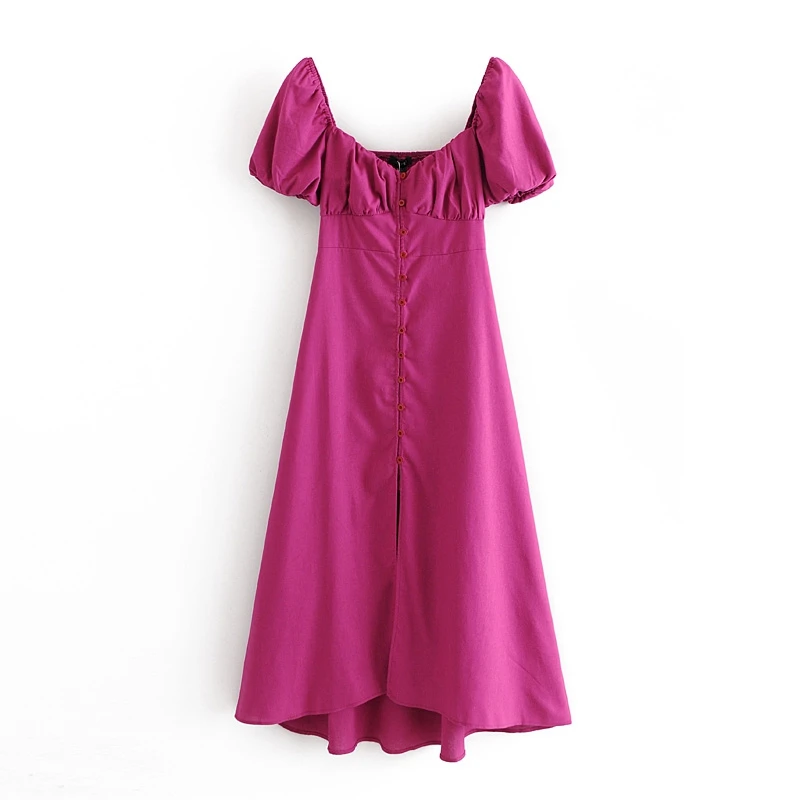

2022 Tangada 2021 fashion women solid hotpink dress pleated puff short sleeve ladies casual midi dress vestidos 3H671