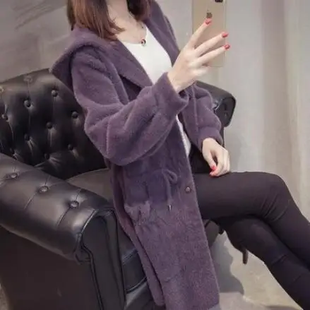 Gray purple Осень и зима новая имитация воды норковая бархатная куртка Женская Корейская версия с капюшоном свободная длинная норка свитер пальто утолщение - Цвет: Gray purple