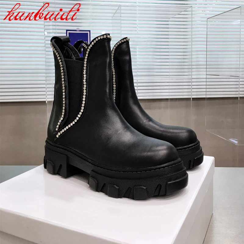 

New Women Platform Shoes Genuine Leather Ankle Boots Solid Black Chelsea Ladies Boots Chain Bordered British Style Casual Shoes