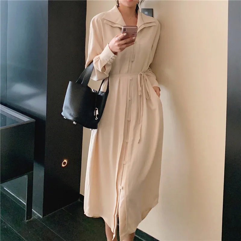Sungtin 2020 зимнее однотонное свободное платье с поясом для женщин Элегантная