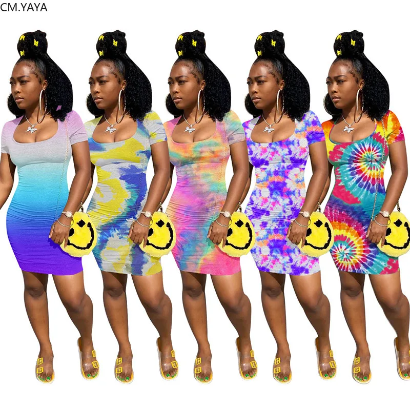 2020 Women Summer Fashion Dress Mini Tie-dye Print Short Sleeve Sexy Bandage Beach Night Club Party Dresses Vestido GL569 | Женская