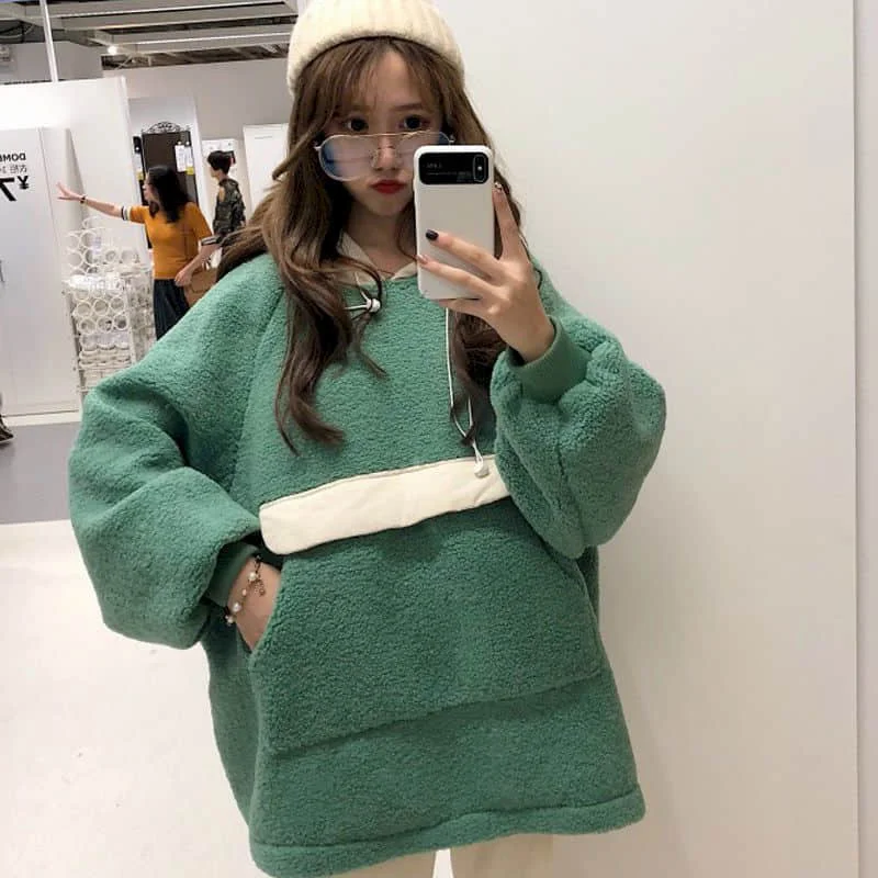 

Faux lamb wool hoodies women autumn winter new student plus fleece Korean style loose lazy style fat sister jacket sweatshirt