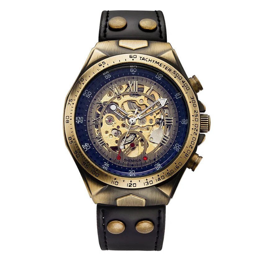 Ретро стиль бронзовые скелетоны большой циферблат кожаный ремешок стимпанк