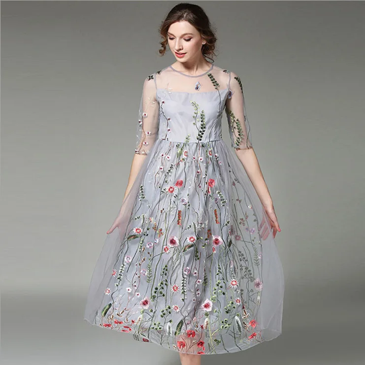 

2021 Summer New Dresses Women Round Neck Half-sleeve Mesh Perspective Dress High-end Embroidery Flowers Slim Temperament Dress