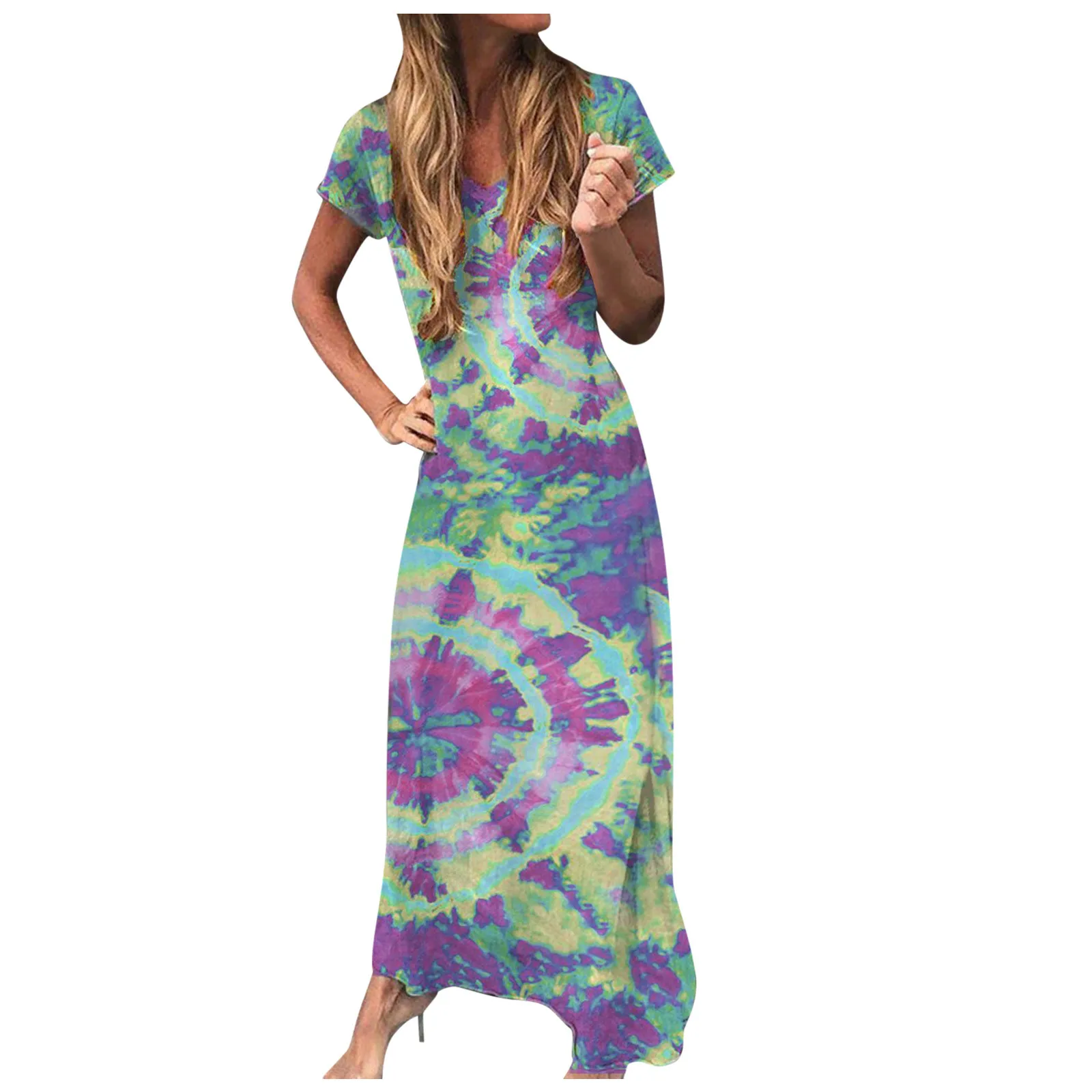

Summer Women's Maxi Dress Fashion Tie-Dye Boho Printing V-Neck Short Sleeve Comfy Casual Long Dress Ladies Loose Dresses#35