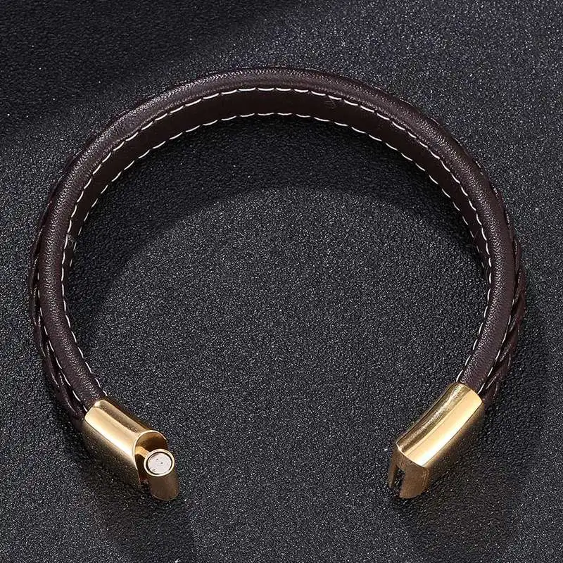 Trend Brown Leather Men Bracelet Gold Stainless Steel Magnetic Buckle Male Bangles Wristband Fashion Jewelry Gifts PD0215 | Украшения и